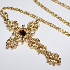 Vintage Avon Abbey Cross Pendant Necklace – Gold Tone with Red Glass Stone 1974